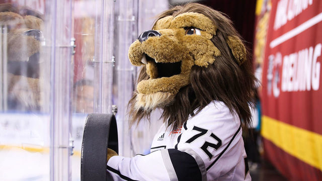 BEIJING, CHINA - SEPTEMBER 23: The Los Angeles Kings mascot Bailey looks on during the pre-season game between the Los Angeles Kings and the Vancouver Canucks at Wukesong Arena on September 23, 2017 in Beijing, China.
