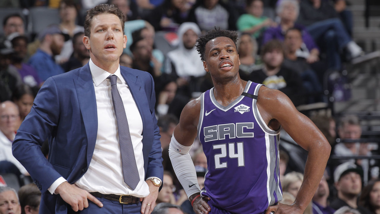 SACRAMENTO, CA - MARCH 8: Head coach Luke Walton and Buddy Hield #24 of the Sacramento Kings look on during the game against the Toronto Raptors on March 8, 2020 at Golden 1 Center in Sacramento, California. NOTE TO USER: User expressly acknowledges and agrees that, by downloading and or using this photograph, User is consenting to the terms and conditions of the Getty Images Agreement. Mandatory Copyright Notice: Copyright 2020 NBAE