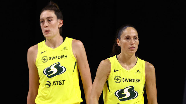 PALMETTO, FL - SEPTEMBER 27: Breanna Stewart #30 and Sue Bird #10 of the Seattle Storm looks on in Game Three of the Semifinals of the 2020 WNBA Playoffs on September 27, 2020 at Feld Entertainment Center in Palmetto, Florida. NOTE TO USER: User expressly acknowledges and agrees that, by downloading and/or using this Photograph, user is consenting to the terms and conditions of the Getty Images License Agreement. Mandatory Copyright Notice: Copyright 2020 NBAE