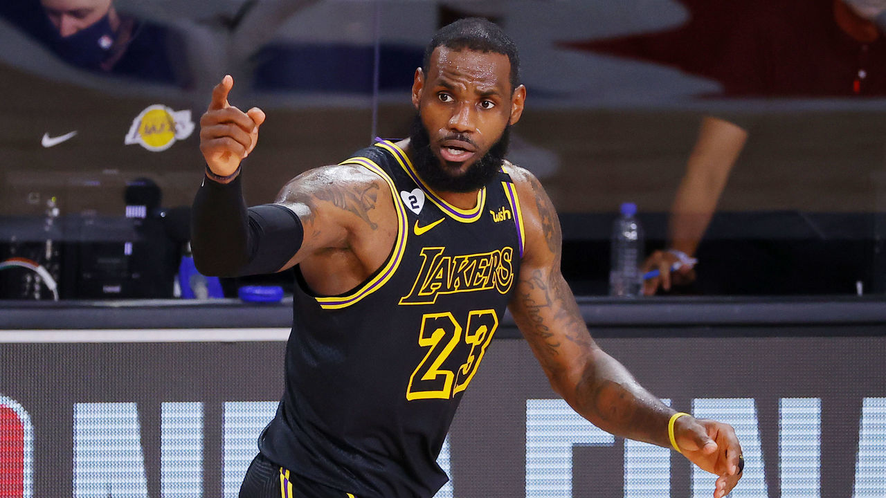 LAKE BUENA VISTA, FLORIDA - OCTOBER 02: LeBron James #23 of the Los Angeles Lakers reacts during the second half against the Miami Heat in Game Two of the 2020 NBA Finals at AdventHealth Arena at ESPN Wide World Of Sports Complex on October 02, 2020 in Lake Buena Vista, Florida.