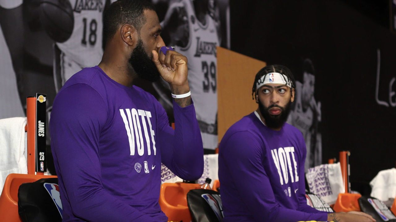 ORLANDO, FL - SEPTEMBER 30: LeBron James and Anthony Davis of the Los Angeles Lakers during halftime against the Miami Heat in Game one of the 2020 NBA Finals as part of the NBA Restart 2020 on September 30, 2020 at AdventHealth Arena at ESPN Wide World of Sports Complex in Orlando, Florida. NOTE TO USER: User expressly acknowledges and agrees that, by downloading and/or using this photograph, user is consenting to the terms and conditions of the Getty Images License Agreement. Mandatory Copyright Notice: Copyright 2020 NBAE