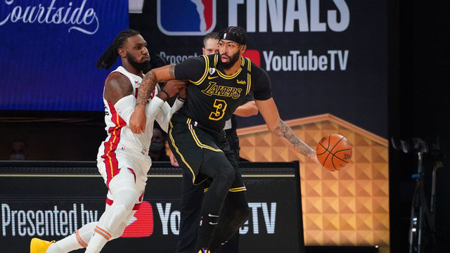 ORLANDO, FL - OCTOBER 02: Anthony Davis #3 of the Los Angeles Lakers looks to drive tot e basket while guarded by Jae Crowder #99 of the Miami Heat during Game Two of the NBA Finals on October 2, 2020 in Orlando, Florida at AdventHealth Arena. NOTE TO USER: User expressly acknowledges and agrees that, by downloading and/or using this Photograph, user is consenting to the terms and conditions of the Getty Images License Agreement. Mandatory Copyright Notice: Copyright 2020 NBAE