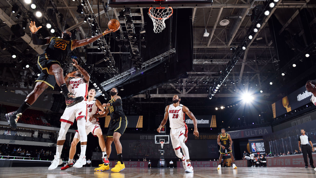 ORLANDO, FL - OCTOBER 2: LeBron James #23 of the Los Angeles Lakers drives to the basket during the game against the Miami Heat during Game Two of the NBA Finals on October 2, 2020 at The AdventHealth Arena at ESPN Wide World Of Sports Complex in Orlando, Florida. NOTE TO USER: User expressly acknowledges and agrees that, by downloading and/or using this Photograph, user is consenting to the terms and conditions of the Getty Images License Agreement. Mandatory Copyright Notice: Copyright 2020 NBAE