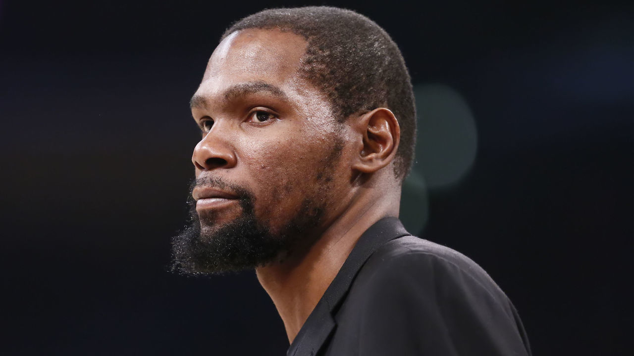 LOS ANGELES, CA - MARCH 10: Kevin Durant looks on during a game at the Staples Center on March 10, 2020 in Los Angeles, CA. Mandatory Credit: 2020 NBAE