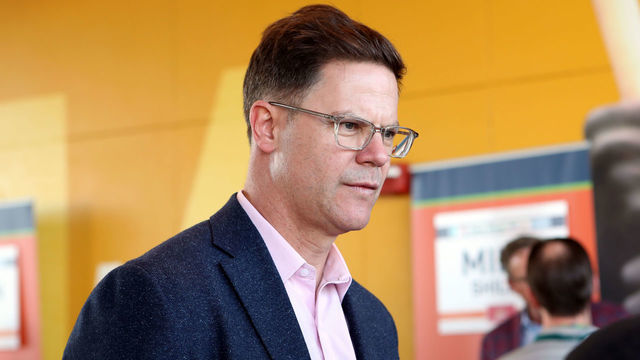 NORTH PORT, FL - FEBRUARY 16: Toronto Blue Jays General Manager Ross Atkins talks to the media during the Grape Fruit League Media Availability at CoolToday Park on Monday, February 16, 2020 in North Port, Florida.
