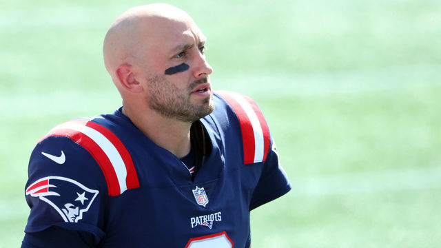 FOXBOROUGH, MASSACHUSETTS - SEPTEMBER 13: Brian Hoyer #2 of the New England Patriots stands on the sideline during the first half against the Miami Dolphins at Gillette Stadium on September 13, 2020 in Foxborough, Massachusetts.
