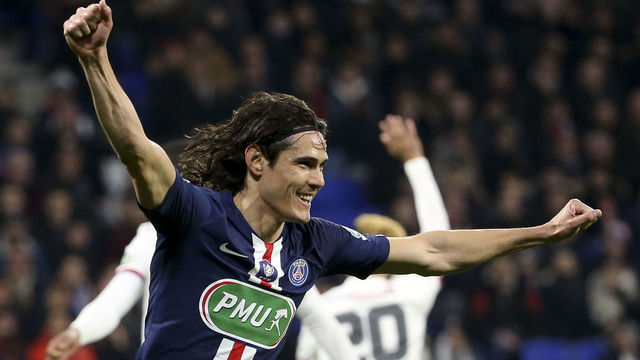 LYON, FRANCE - MARCH 4: Edinson Cavani of PSG celebrates his goal but the goal was cancelled during the French Cup semifinal match between Olympique Lyonnais (OL) and Paris Saint-Germain (PSG) at Groupama Stadium on March 4, 2020 in Decines near Lyon, France.