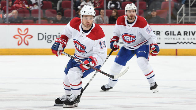 GLENDALE, AZ - DECEMBER 20: Max Domi #13 and Victor Mete #53 of the Montreal Canadiens skate up ice against the Arizona Coyotes at Gila River Arena on December 20, 2018 in Glendale, Arizona.