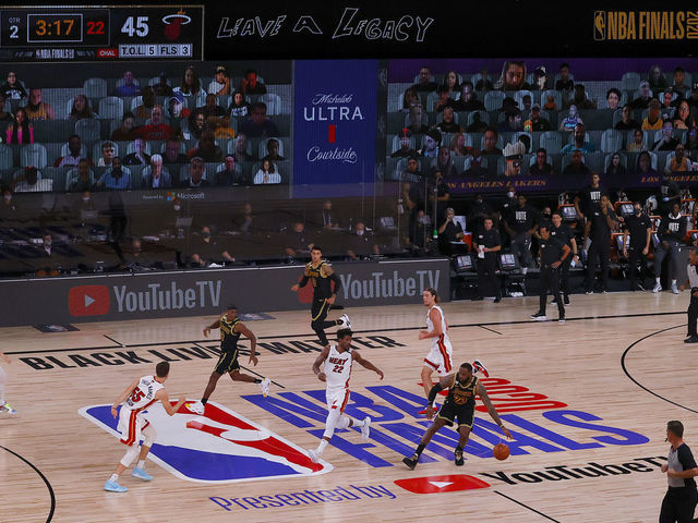 LAKE BUENA VISTA, FLORIDA - OCTOBER 02: A general view as LeBron James #23 of the Los Angeles Lakers dribbles during the first half against the Miami Heat in Game Two of the 2020 NBA Finals at AdventHealth Arena at ESPN Wide World Of Sports Complex on October 02, 2020 in Lake Buena Vista, Florida.