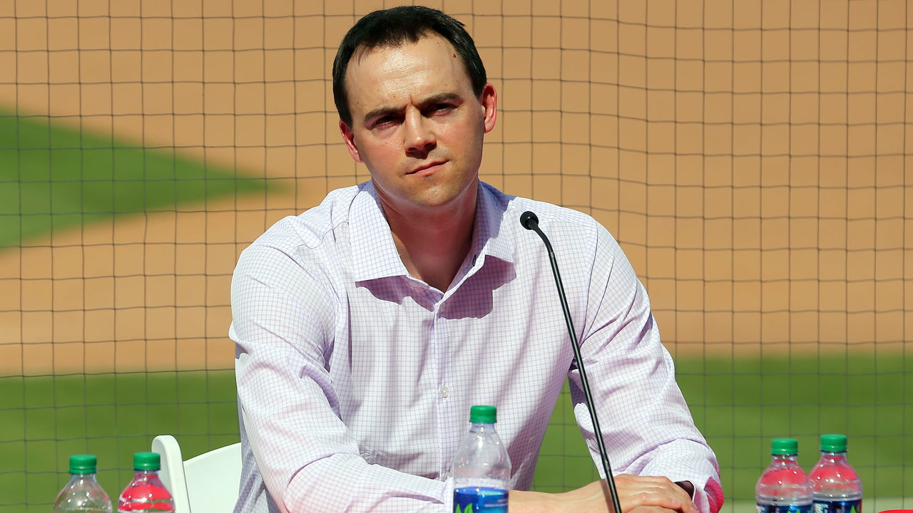 CLEARWATER, FL - MARCH 02: Phillies Vice President & General Manager Matt Klentak listens to the question from a media member during the press conference to introduce Bryce Harper to the media and the fans of the Philadelphia Phillies on March 02, 2019 at the Spectrum Field in Clearwater, Florida.