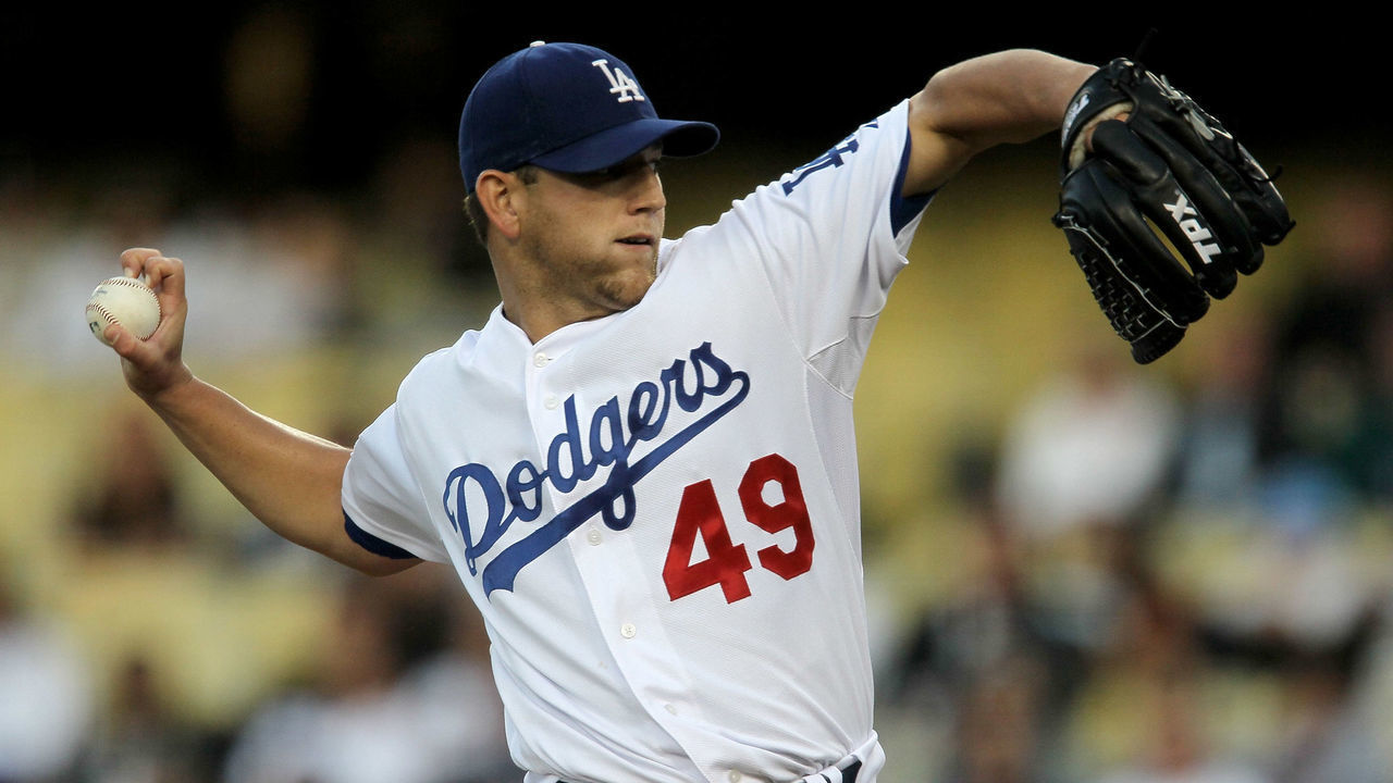 LOS ANGELES - MAY 8: Pitcher Charlie Haeger #49 of the Los Angeles Dodgers throws a knuckle ball against the Colorado Rockies on May 8, 2010 at Dodger Stadium in Los Angeles, California.