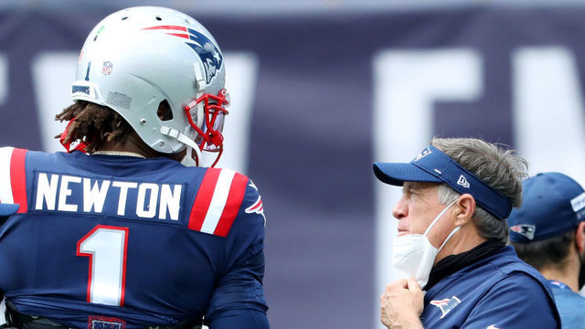 FOXBOROUGH, MASSACHUSETTS - SEPTEMBER 13:Head coach Bill Belichick of the New England Patriots talks with Cam Newton #1 before the game against the Miami Dolphins at Gillette Stadium on September 13, 2020 in Foxborough, Massachusetts.