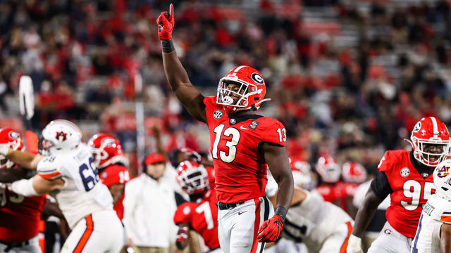 ATHENS, GA - OCTOBER 3: Azeez Ojulari #13 of the Georgia Bulldogs celebrates after a play against the Auburn Tigers on October 3, 2020 at Sanford Stadium Athens, Georgia.