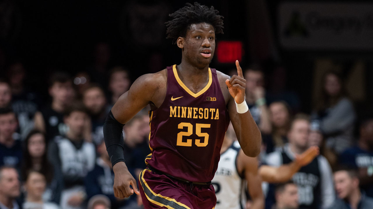 INDIANAPOLIS, IN - NOVEMBER 12: Minnesota Golden Gophers center Daniel Oturu (25) celebrates a score during the men's college basketball game between the Minnesota Golden Gophers and Butler Bulldogs on November 12, 2019, at Hinkle Fieldhouse in Indianapolis, IN.