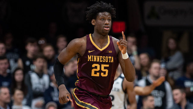 INDIANAPOLIS, IN - NOVEMBER 12: Minnesota Golden Gophers center Daniel Oturu (25) celebrates a score during the men's college basketball game between the Minnesota Golden Gophers and Butler Bulldogs on November 12, 2019, at Hinkle Fieldhouse in Indianapolis, IN.