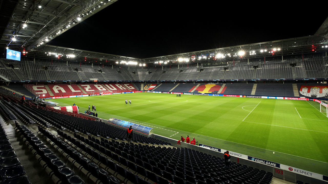 SALZBURG, AUSTRIA - SEPTEMBER 30: A general view inside the stadium prior to the UEFA Champions League Play-Off second leg match between RB Salzburg and Maccabi Tel-Aviv at Red Bull Arena on September 30, 2020 in Salzburg, Austria. Football Stadiums around Europe remain empty due to the Coronavirus Pandemic as Government social distancing laws prohibit fans inside venues resulting in fixtures being played behind closed doors.
