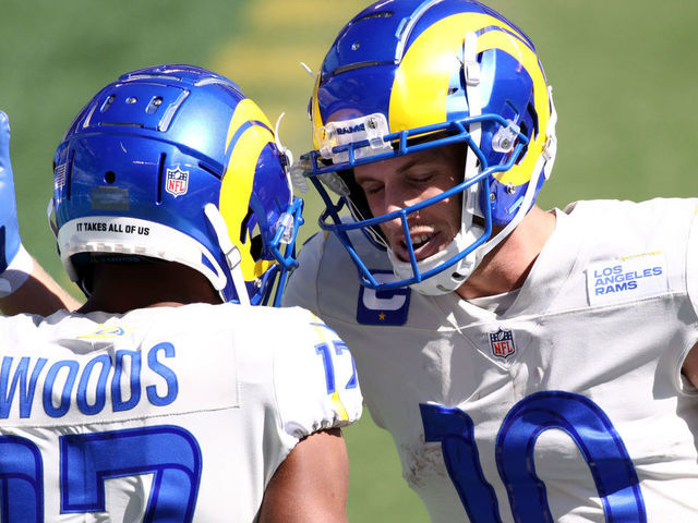 PHILADELPHIA, PA - SEPTEMBER 20: Los Angeles Rams Wide Receiver Cooper Kupp (10) celebrates a touchdown with Wide Receiver Robert Woods (17) in the first half during the game between the Los Angeles Rams and Philadelphia Eagles on September 20, 2020 at Lincoln Financial Field in Philadelphia, PA.