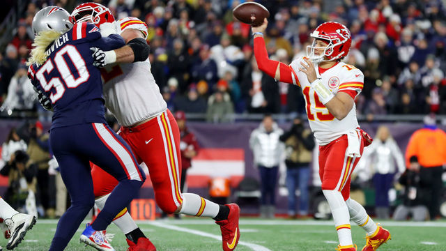 FOXBOROUGH, MASSACHUSETTS - DECEMBER 08: Patrick Mahomes #15 of the Kansas City Chiefs makes a pass against the New England Patriots at Gillette Stadium on December 08, 2019 in Foxborough, Massachusetts.
