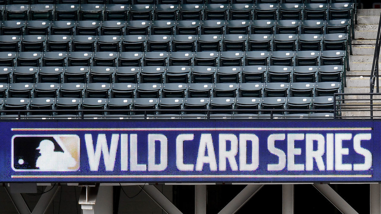CLEVELAND, OH - SEPTEMBER 29: A general view of the 2020 Wild Card Series logo on the LED scoreboard during batting practice prior to Game 1 of the Wild Card Series between the New York Yankees and the Cleveland Indians at Progressive Field on Tuesday, September 29, 2020 in Cleveland, Ohio.