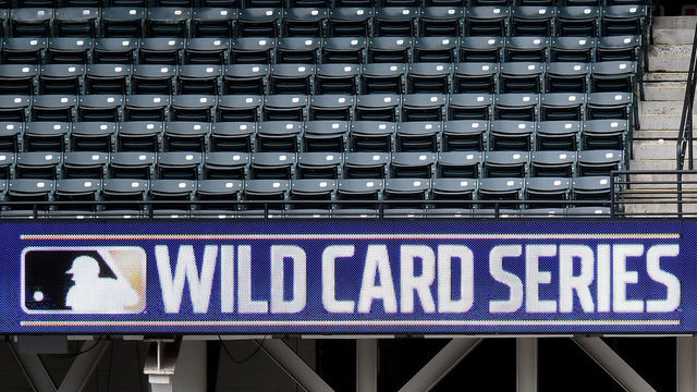 CLEVELAND, OH - SEPTEMBER 29: A general view of the 2020 Wild Card Series logo on the LED scoreboard during batting practice prior to Game 1 of the Wild Card Series between the New York Yankees and the Cleveland Indians at Progressive Field on Tuesday, September 29, 2020 in Cleveland, Ohio.