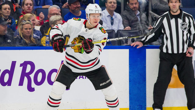 TAMPA, FL - FEBRUARY 27: Olli Maatta #6 of the Chicago Blackhawks against the Tampa Bay Lightning at Amalie Arena on February 27, 2020 in Tampa, Florida.