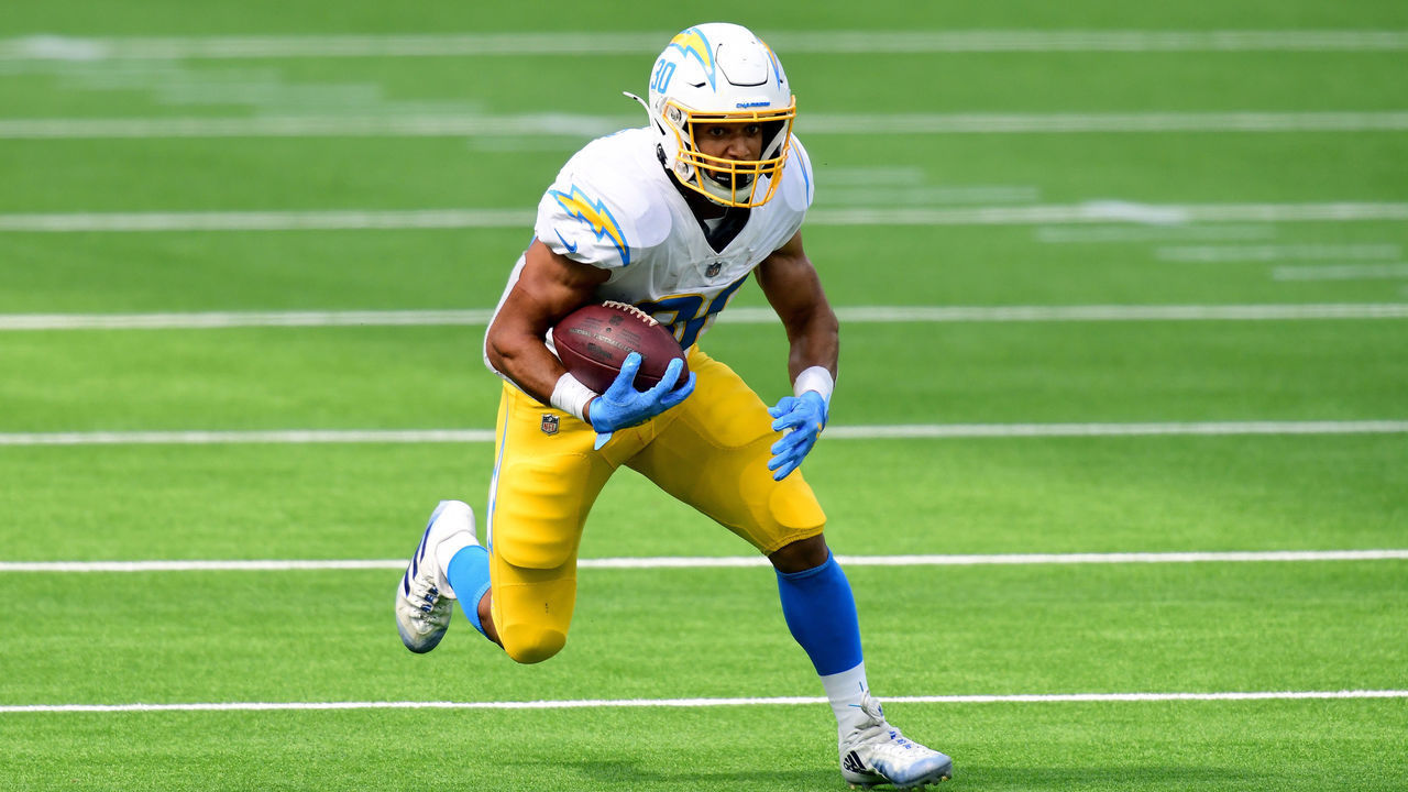 INGLEWOOD, CALIFORNIA - SEPTEMBER 27: Austin Ekeler #30 of the Los Angeles Chargers runs after his catch during a 21-16 Carolina Panthers win at SoFi Stadium on September 27, 2020 in Inglewood, California.