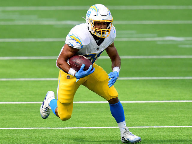 INGLEWOOD, CALIFORNIA - SEPTEMBER 27: Austin Ekeler #30 of the Los Angeles Chargers runs after his catch during a 21-16 Carolina Panthers win at SoFi Stadium on September 27, 2020 in Inglewood, California.