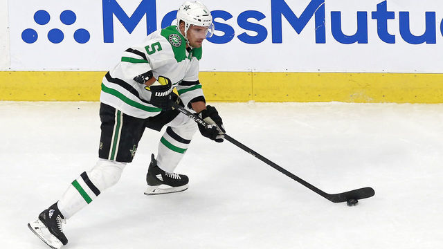 EDMONTON, ALBERTA - AUGUST 09: Andrej Sekera #5 of the Dallas Stars carries the puck against the St. Louis Blues during the second period in a Western Conference Round Robin game during the 2020 NHL Stanley Cup Playoffs at Rogers Place on August 09, 2020 in Edmonton, Alberta.