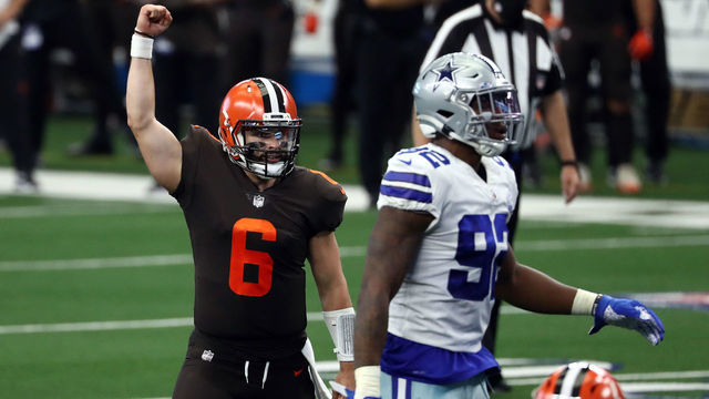 ARLINGTON, TEXAS - OCTOBER 04: Baker Mayfield #6 of the Cleveland Browns celebrates a touchdown against the Dallas Cowboys in the second quarter at AT&T Stadium on October 04, 2020 in Arlington, Texas.