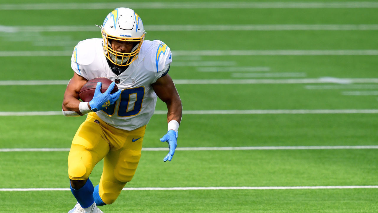 INGLEWOOD, CALIFORNIA - SEPTEMBER 27: Austin Ekeler #30 of the Los Angeles Chargers runs after his catch during a 21-16 Carolina Panthers win at SoFi Stadium on September 27, 2020 in Inglewood, California.