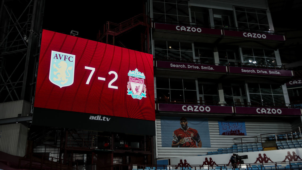BIRMINGHAM, ENGLAND - OCTOBER 04: The score board at and empty Villa Park, home stadium of Aston Villa reads 7-2 at full time during the Premier League match between Aston Villa and Liverpool at Villa Park on October 4, 2020 in Birmingham, United Kingdom. Sporting stadiums around the UK remain under strict restrictions due to the Coronavirus Pandemic as Government social distancing laws prohibit fans inside venues resulting in games being played behind closed doors.