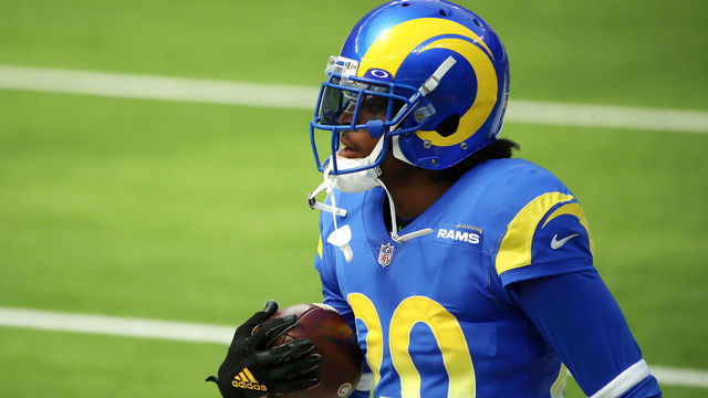 INGLEWOOD, CALIFORNIA - OCTOBER 04: Jalen Ramsey #20 of the Los Angeles Rams warms up before the game against the New York Giants at SoFi Stadium on October 04, 2020 in Inglewood, California.