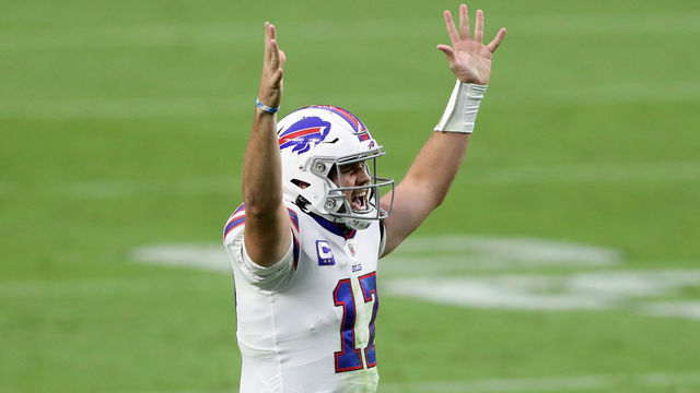 LAS VEGAS, NEVADA - OCTOBER 04: Josh Allen #17 of the Buffalo Bills celebrates after Devin Singletary #26 scored a two yard touchdown against the Las Vegas Raiders during the fourth quarter in the game at Allegiant Stadium on October 04, 2020 in Las Vegas, Nevada.