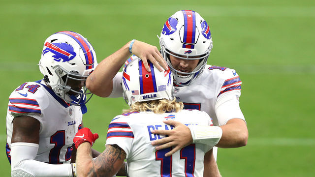 LAS VEGAS, NEVADA - OCTOBER 04: Josh Allen #17 of the Buffalo Bills celebrates with Cole Beasley #11 after throwing an 11 yard touchdown pass against the Las Vegas Raiders during the second quarter in the game at Allegiant Stadium on October 04, 2020 in Las Vegas, Nevada.