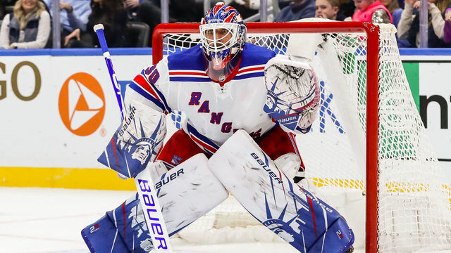 ST. LOUIS, MO - JANUARY 11: New York Rangers goaltender Henrik Lundqvist (30) gets set for a shot during the third period of an NHL hockey game between the St. Louis Blues and the New York Rangers on January 11, 2020, at the Enterprise Center in St. Louis, MO.