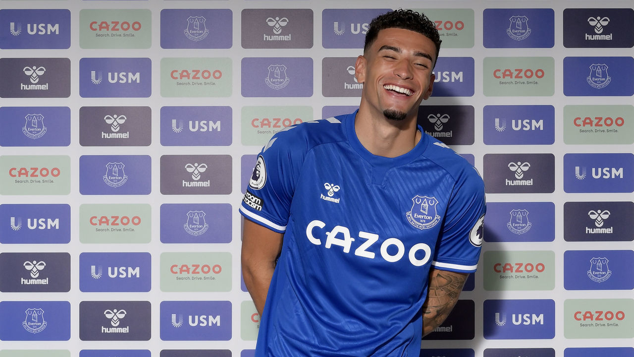 LIVERPOOL, ENGLAND - OCTOBER 3 (EXCLUSIVE COVERAGE) Ben Godfrey poses for a photo after signing for Everton at Goodison Park on October 3 2020 in Halewood, England.