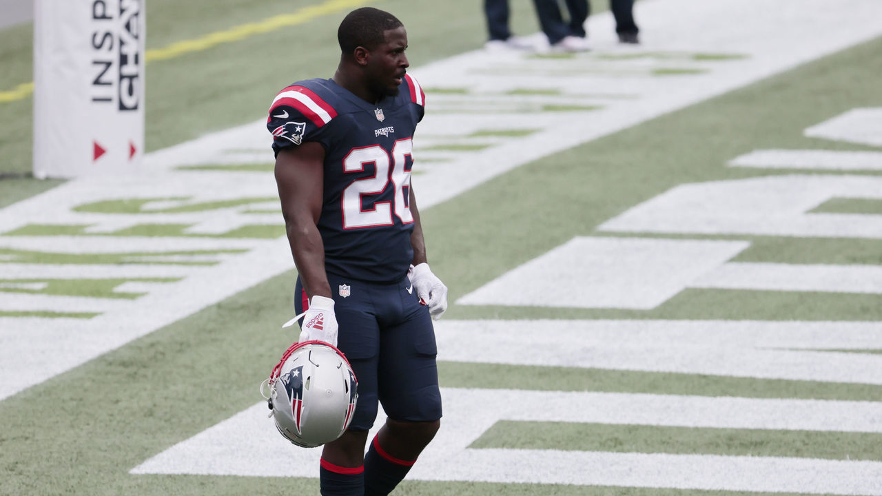 FOXBOROUGH, MA - SEPTEMBER 27: New England Patriots running back Sony Michel (26) takes a breather before a game between the New England Patriots and the Las Vegas Raiders on September 27, 2020, at Gillette Stadium in Foxborough, Massachusetts.