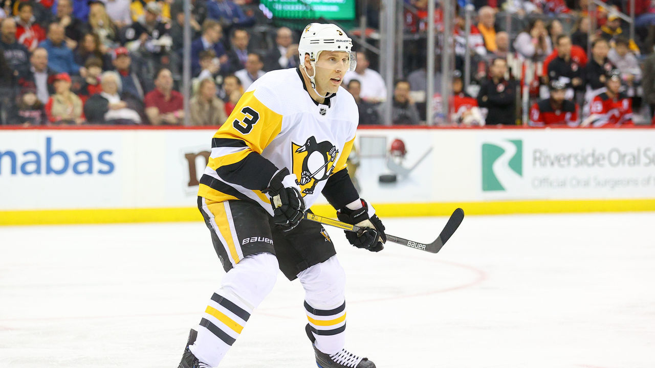 NEWARK, NJ - MARCH 10: Pittsburgh Penguins defenseman Jack Johnson (3) skates during the National Hockey League game between the New Jersey Devils and the Pittsburgh Penguins on March 10, 2020 at the Prudential Center in Newark, NJ.