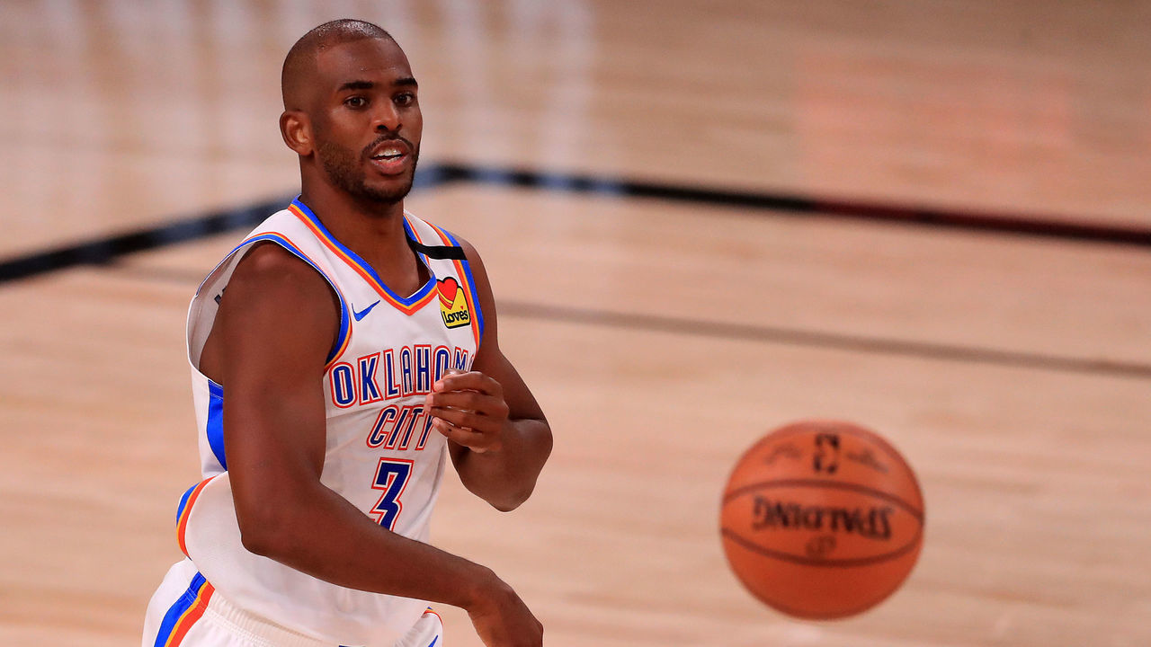 LAKE BUENA VISTA, FLORIDA - SEPTEMBER 02: Chris Paul #3 of the Oklahoma City Thunder passes the ball during the second quarter against the Houston Rockets in Game Seven of the Western Conference First Round during the 2020 NBA Playoffs at AdventHealth Arena at ESPN Wide World Of Sports Complex on September 02, 2020 in Lake Buena Vista, Florida.