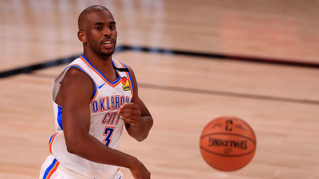 LAKE BUENA VISTA, FLORIDA - SEPTEMBER 02: Chris Paul #3 of the Oklahoma City Thunder passes the ball during the second quarter against the Houston Rockets in Game Seven of the Western Conference First Round during the 2020 NBA Playoffs at AdventHealth Arena at ESPN Wide World Of Sports Complex on September 02, 2020 in Lake Buena Vista, Florida.