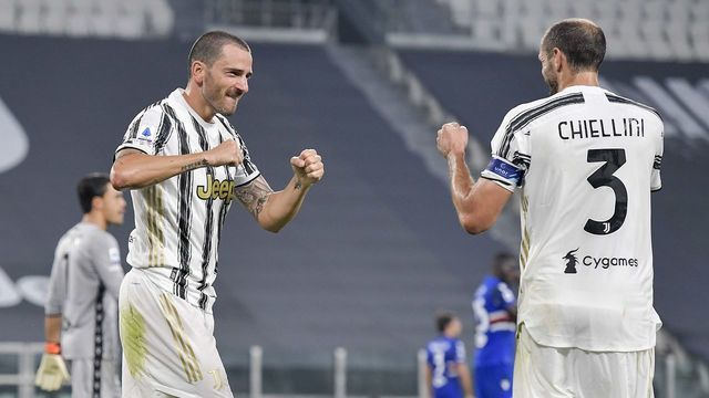 TURIN, ITALY - SEPTEMBER 20: Leonardo Bonucci of Juventus celebrates after scoring his team's second goal with teammate Giorgio Chiellini during the Serie A match between Juventus and UC Sampdoria at Allianz Stadium on September 20, 2020 in Turin, Italy.