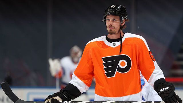 TORONTO, ONTARIO - AUGUST 24: Justin Braun #61 of the Philadelphia Flyers attends warm ups before playing against the New York Islanders in Game One of the Eastern Conference Second Round during the 2020 NHL Stanley Cup Playoffs at Scotiabank Arena on August 24, 2020 in Toronto, Ontario.