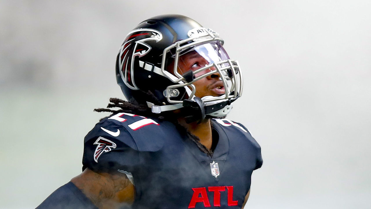 ATLANTA, GA - SEPTEMBER 27: Todd Gurley II #21 of the Atlanta Falcons is introduced prior to an NFL game against the Chicago Bears at Mercedes-Benz Stadium on September 27, 2020 in Atlanta, Georgia.