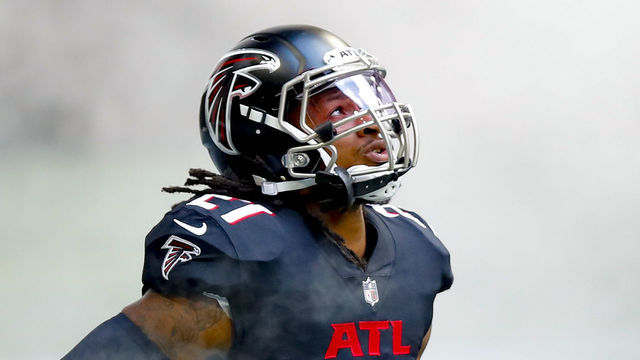 ATLANTA, GA - SEPTEMBER 27: Todd Gurley II #21 of the Atlanta Falcons is introduced prior to an NFL game against the Chicago Bears at Mercedes-Benz Stadium on September 27, 2020 in Atlanta, Georgia.