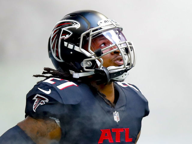 ATLANTA, GA - SEPTEMBER 27: Todd Gurley II #21 of the Atlanta Falcons is introduced prior to an NFL game against the Chicago Bears at Mercedes-Benz Stadium on September 27, 2020 in Atlanta, Georgia.