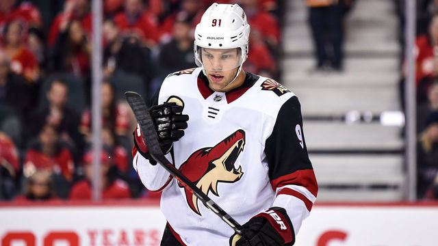 CALGARY, AB - MARCH 06: Arizona Coyotes Left Wing Taylor Hall (91) looks on during the second period of an NHL game where the Calgary Flames hosted the Arizona Coyotes on March 6, 2020, at the Scotiabank Saddledome in Calgary, AB.