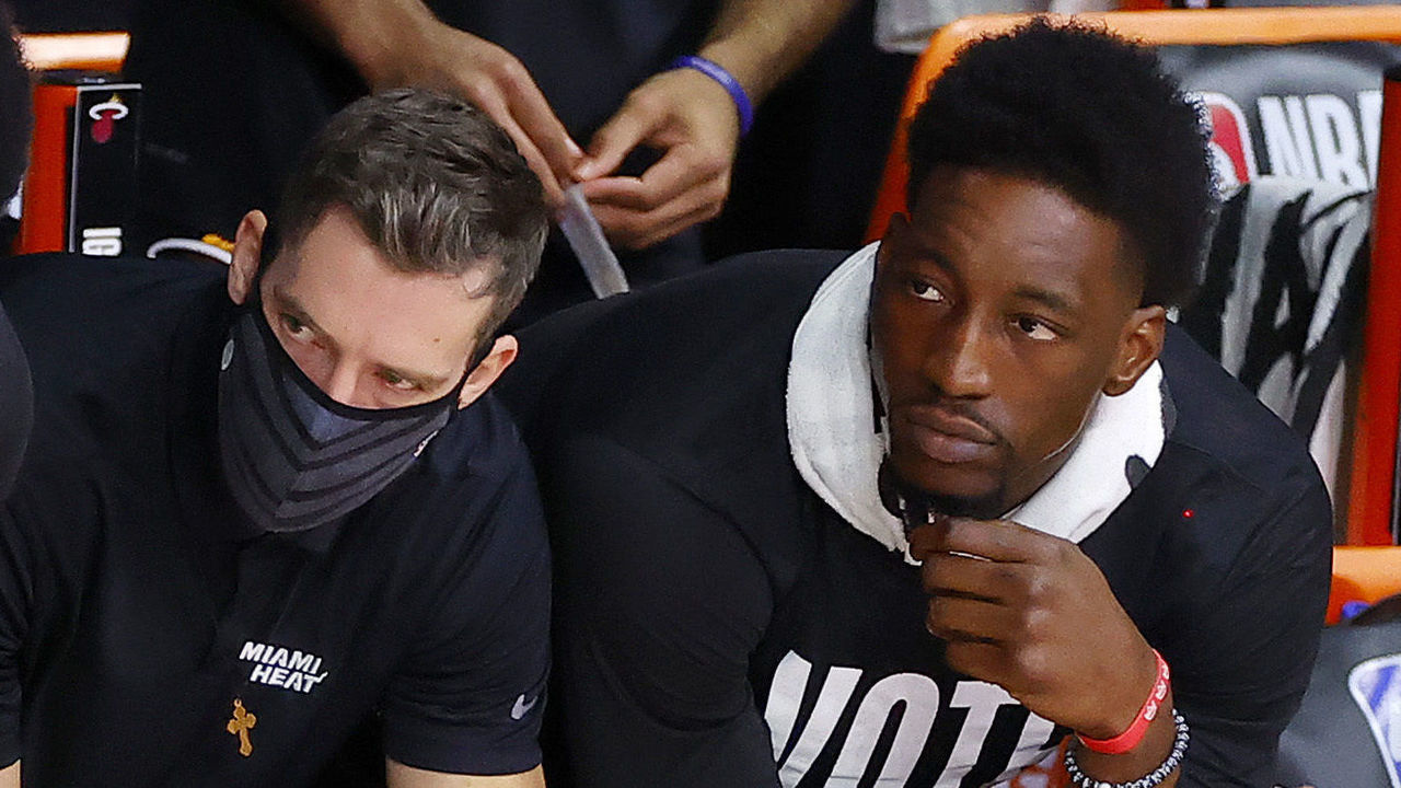 LAKE BUENA VISTA, FLORIDA - OCTOBER 02: Goran Dragic #7 and Bam Adebayo #13 of the Miami Heat look on from the bench during Game Two of the 2020 NBA Finals against the Los Angeles Lakers at AdventHealth Arena at ESPN Wide World Of Sports Complex on October 02, 2020 in Lake Buena Vista, Florida.