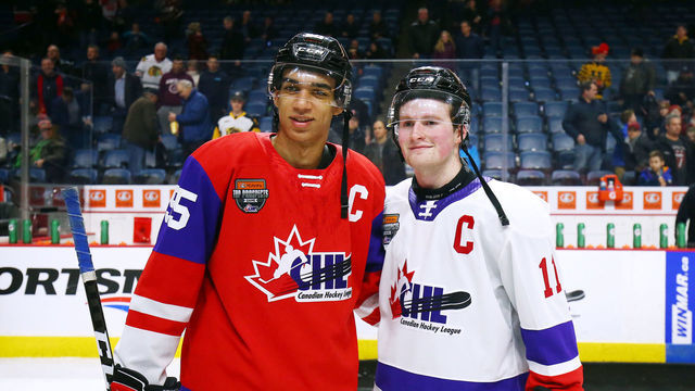 HAMILTON, ON - JANUARY 16: Alexis Lafreniere #11 of Team White and Quinton Byfield #55 of Team Red following the final whistle of the 2020 CHL/NHL Top Prospects Game at FirstOntario Centre on January 16, 2020 in Hamilton, Canada.