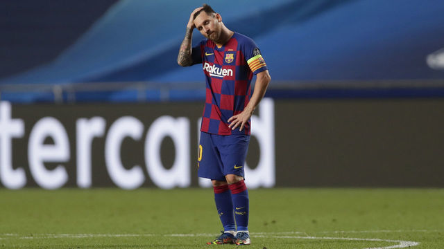 LISBON, PORTUGAL - AUGUST 14: Lionel Messi of FC Barcelona looks dejected during the UEFA Champions League Quarter Final match between Barcelona and Bayern Munich at Estadio do Sport Lisboa e Benfica on August 14, 2020 in Lisbon, Portugal.