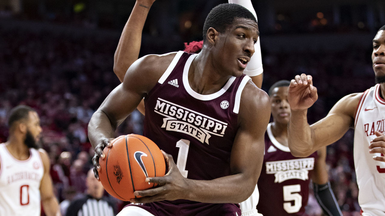 FAYETTEVILLE, AR - FEBRUARY 15: Reggie Perry #1 of the Mississippi State Bulldogs tries to go up for a shot during a game against the Arkansas Razorbacks at Bud Walton Arena on February 15, 2020 in Fayetteville, Arkansas. The Bulldogs defeated the Razorbacks 78-77.